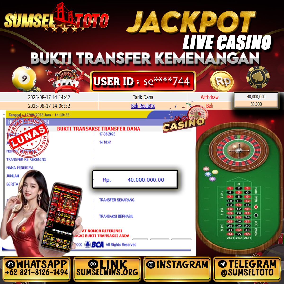 SUMSELTOTO JACKPOT ROULETTE Rp.40,000,000.,- LUNAS